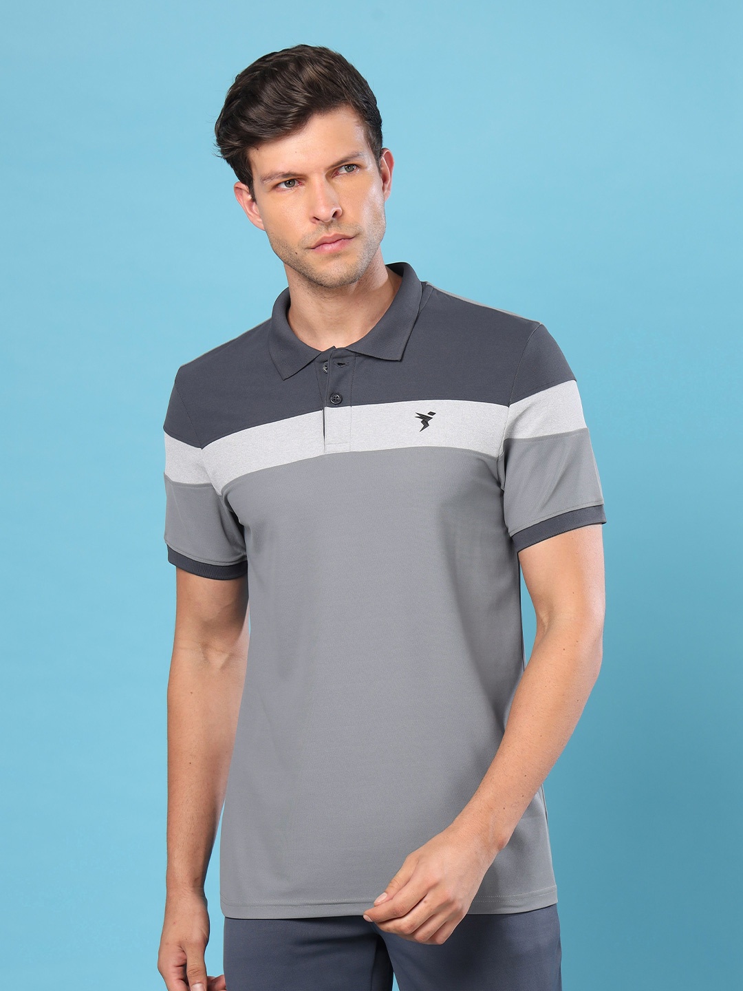 

Technosport Men Striped Polo Collar UPF50 Applique Slim Fit T-shirt, Grey