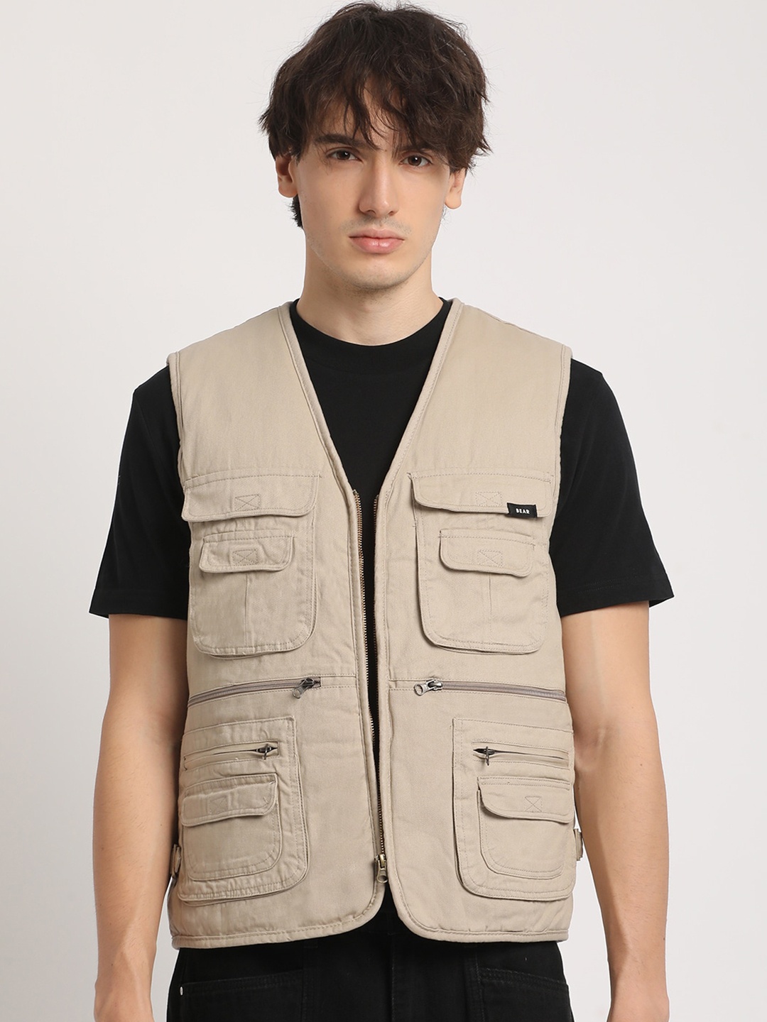 

THE BEAR HOUSE Men Solid Multi-Pocket Utility Cotton Tailored Jacket, Beige