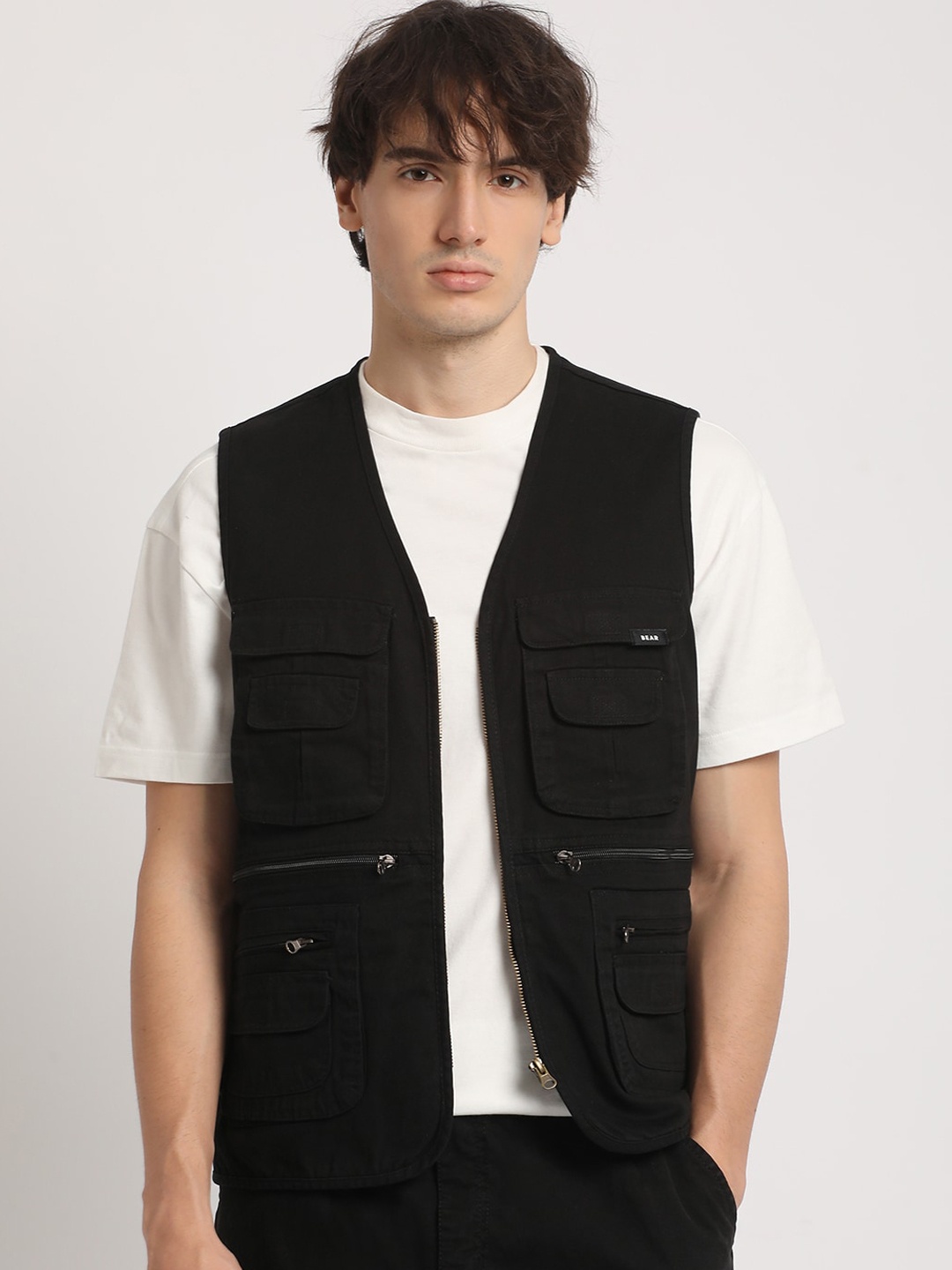 

THE BEAR HOUSE Men Solid Multi-Pocket Utility Cotton Tailored Jacket, Black