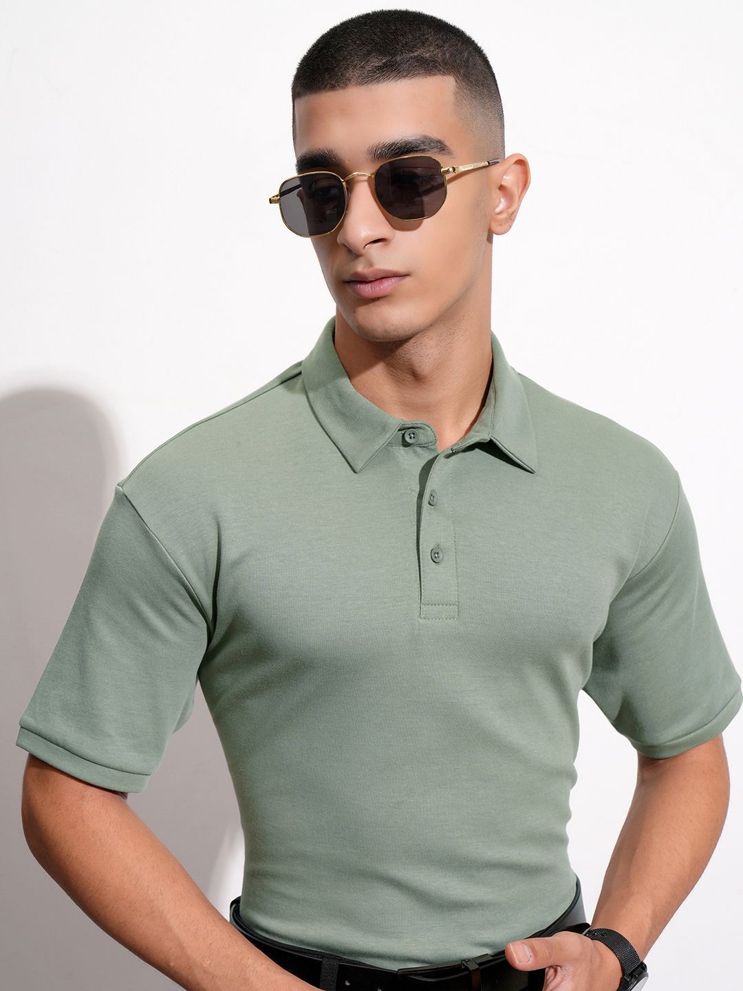 

HIGHLANDER Men Textured Polo Collar T-shirt, Olive