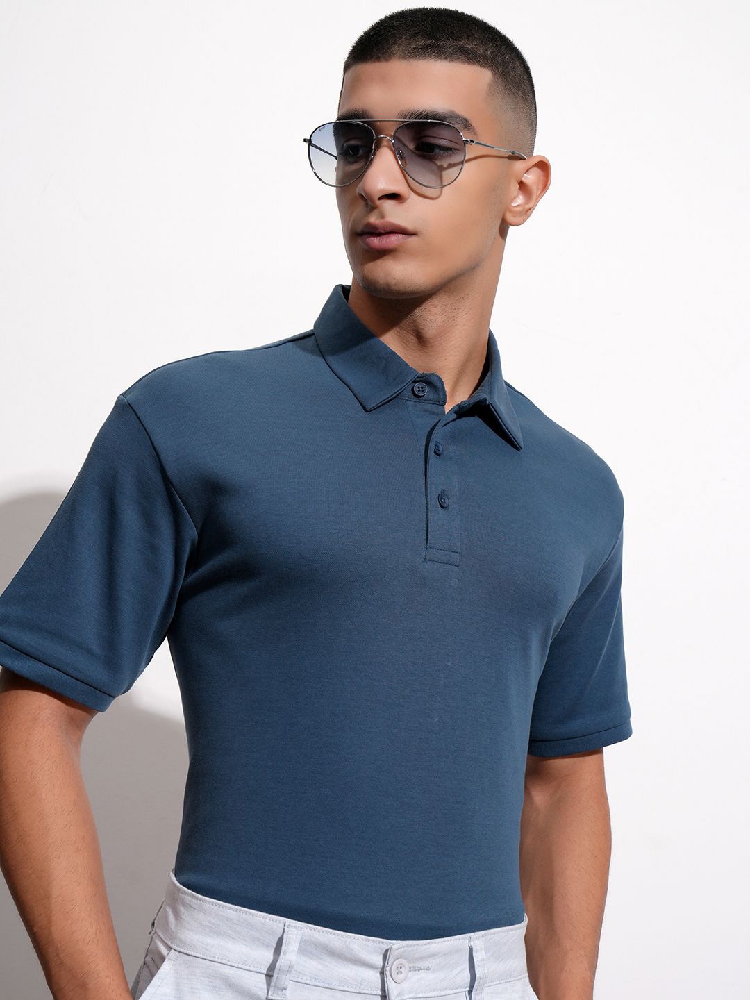 

Highlander Men Textured Polo Collar Tshirt, Navy blue