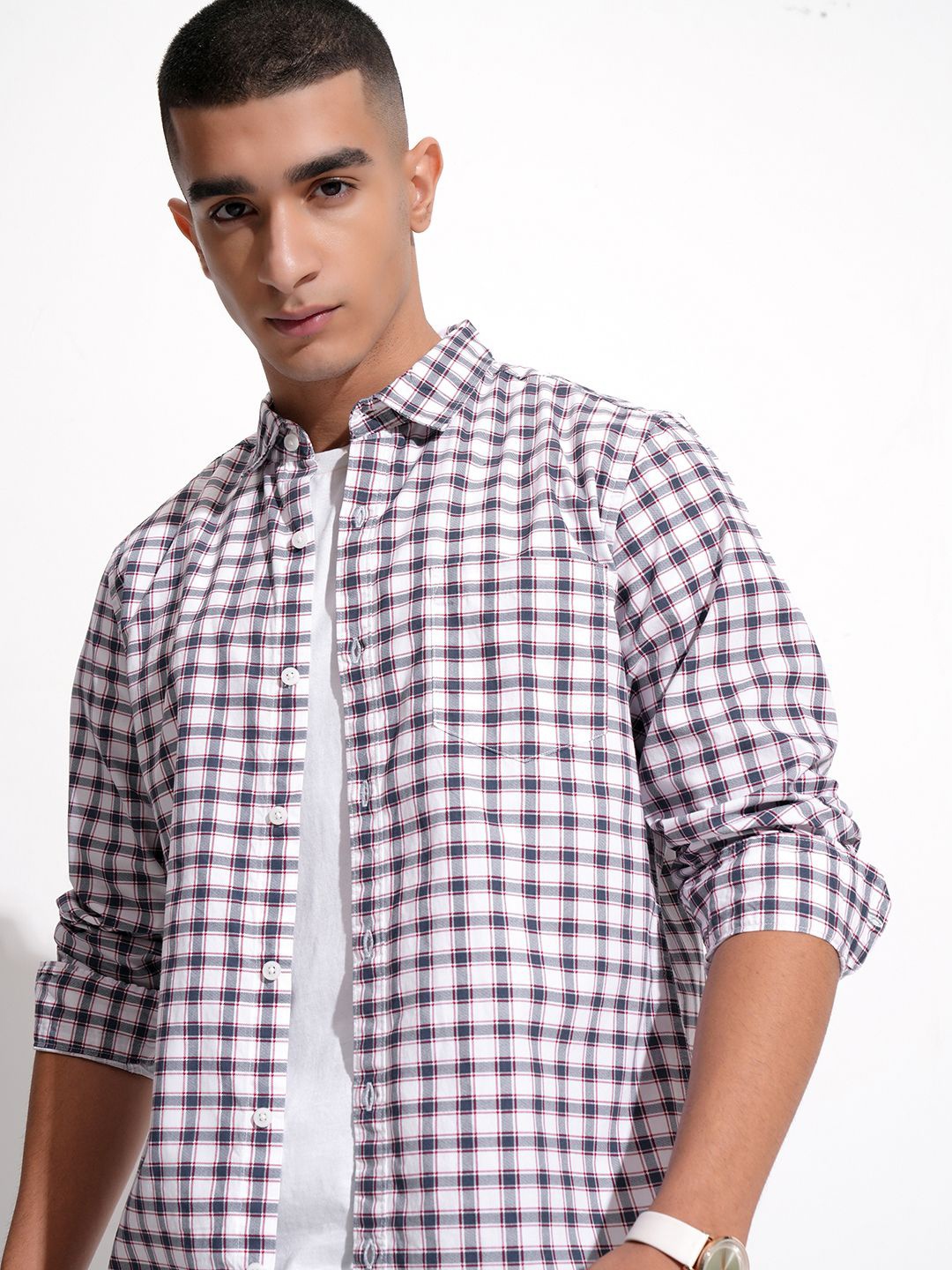 

HIGHLANDER Men Checked Casual Shirt, White