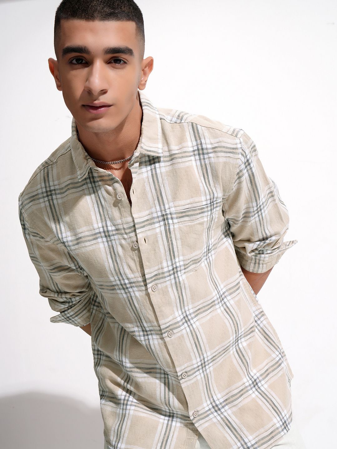 

HIGHLANDER Men Dobby Textured Checked Relaxed Shirt, Beige