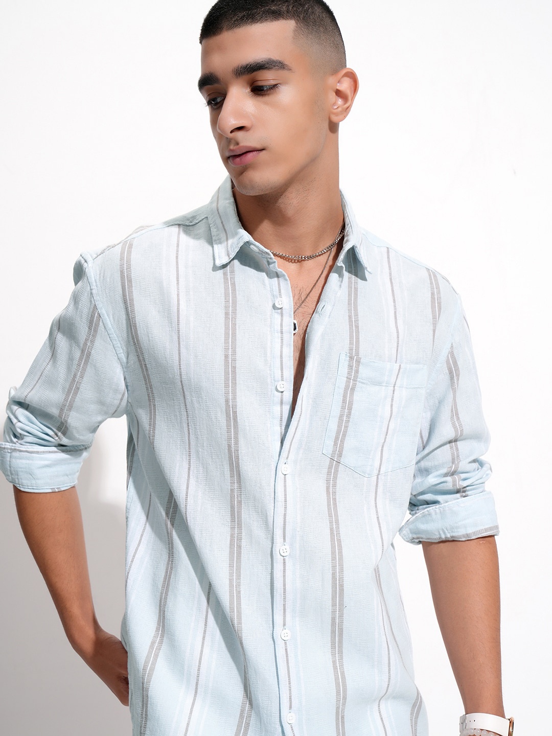 

HIGHLANDER Dobby Textured Striped Relaxed Shirt, Blue