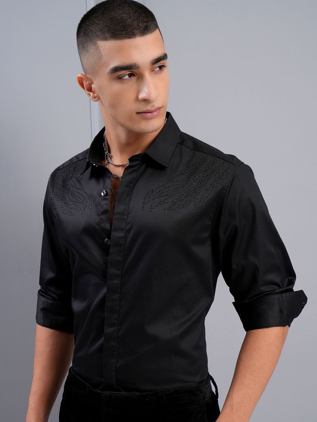 

HIGHLANDER Men Sequence Satin Evening Party Shirt, Black