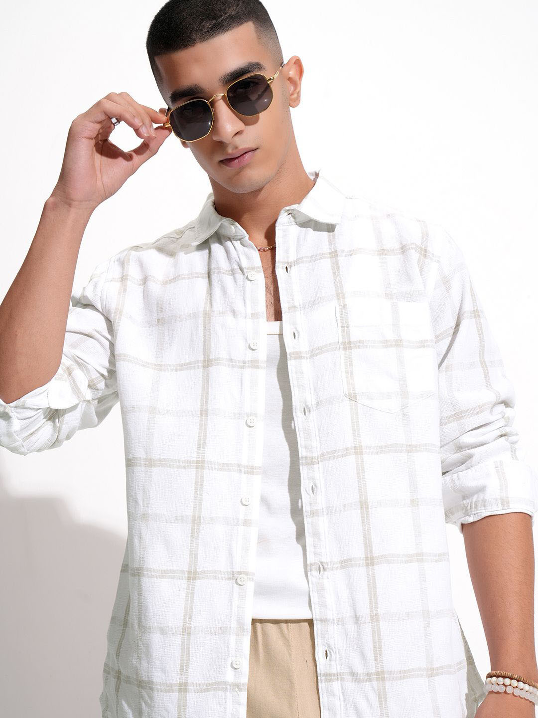 

HIGHLANDER Men Dobby Textured Checked Casual Shirt, Cream
