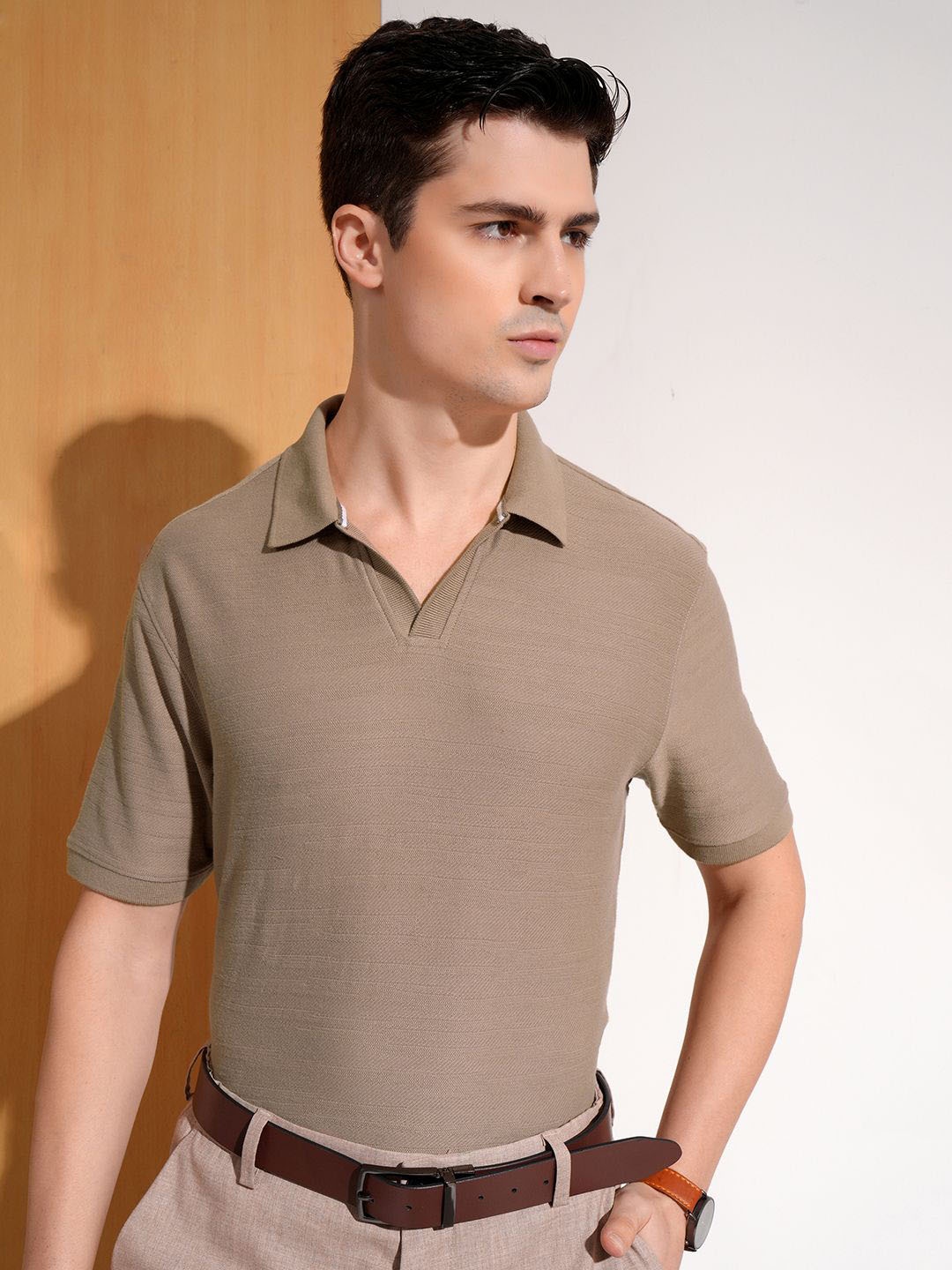 

HIGHLANDER Men Polo Neck Knitted T-shirt, Brown