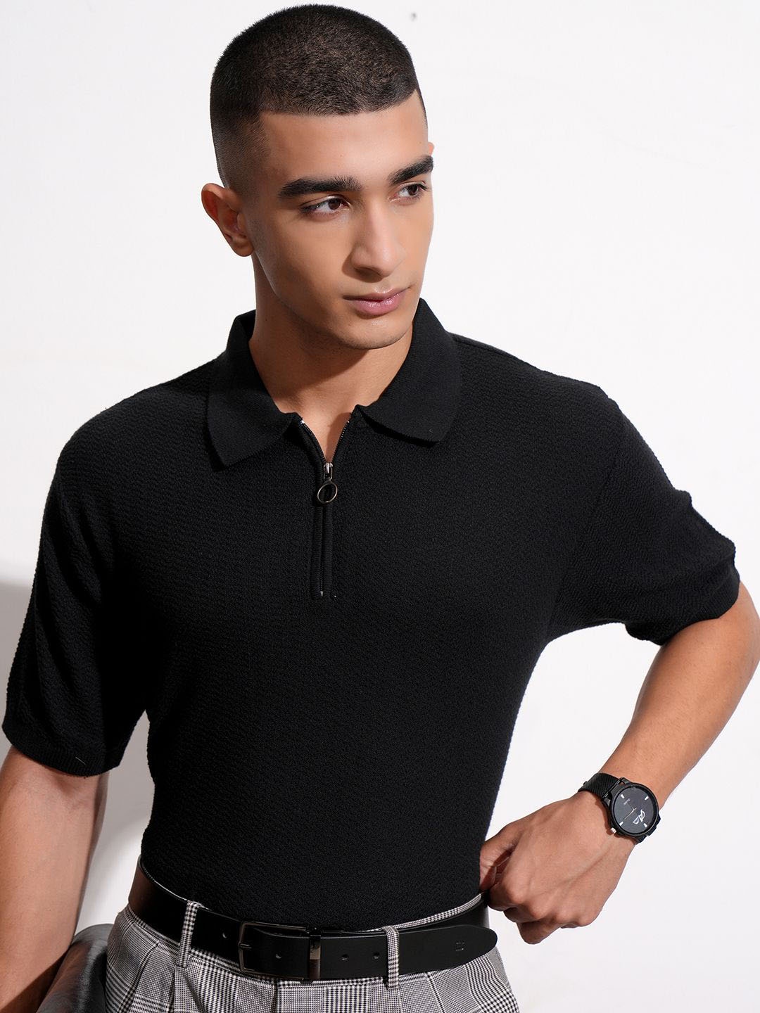 

HIGHLANDER Men Textured Polo Collar T-shirt, Black