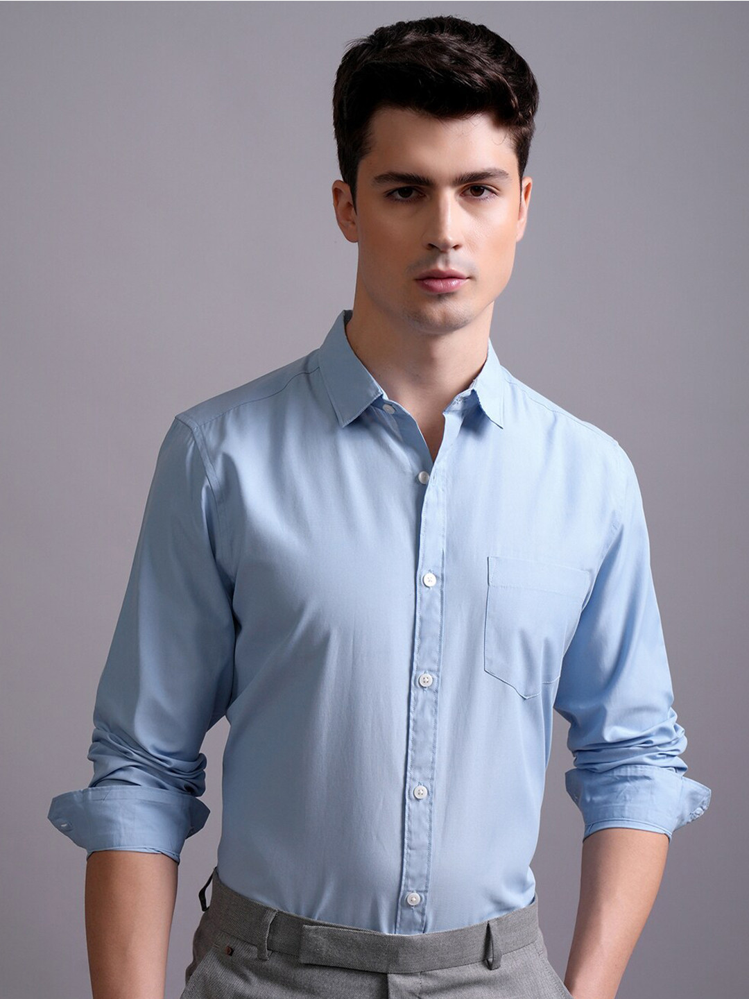

HIGHLANDER Men Powder Regular Collar Embroidered Logo Shirt, Blue