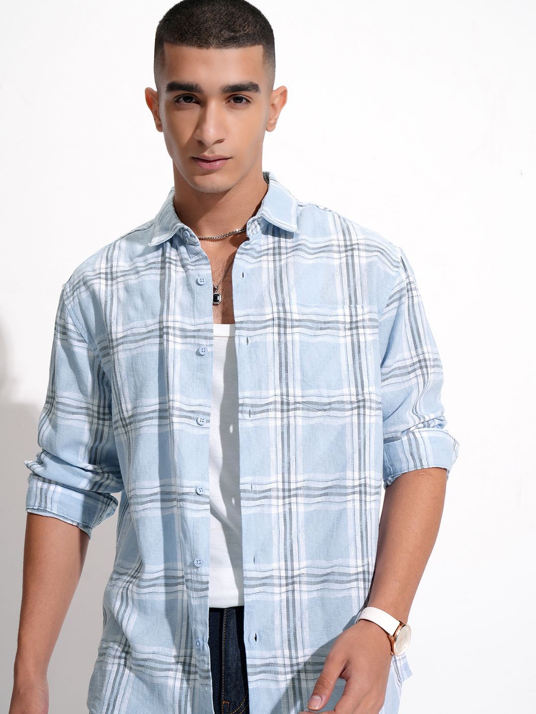 

HIGHLANDER Dobby Textured Checked Relaxed Shirt, Blue