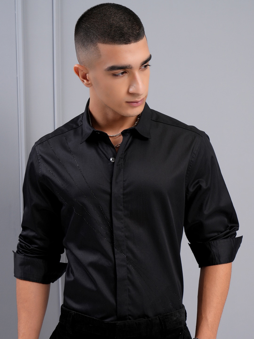 

HIGHLANDER Men Sequence Satin Evening Party Shirt, Black