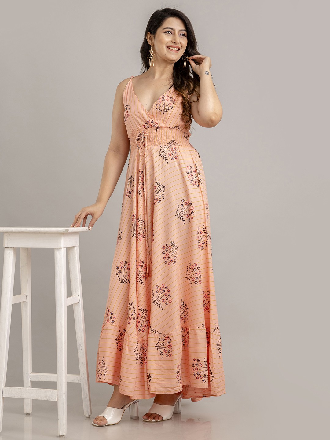 

FrionKandy Floral Printed Shoulder Straps Maxi Dress, Peach