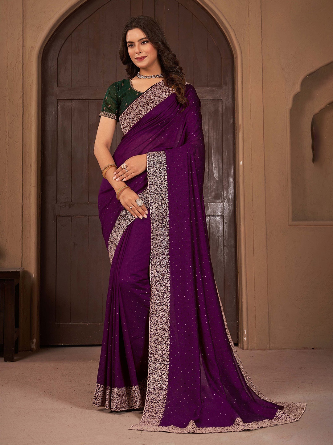 

Mitera Embellished Beads and Stones Saree With Blouse Piece, Purple