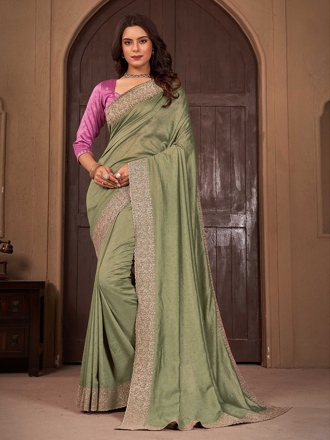 

Mitera Embellished Beads and Stones Saree, Green