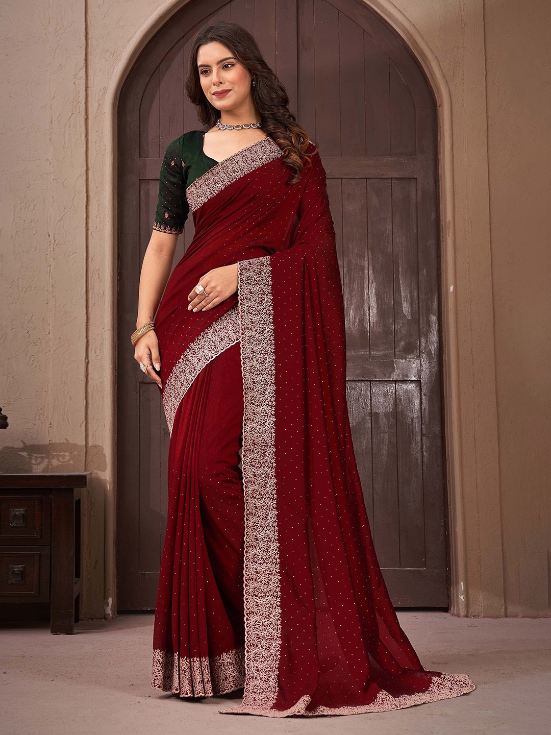

Mitera Embellished Beads and Stones Saree With Blouse Piece, Maroon