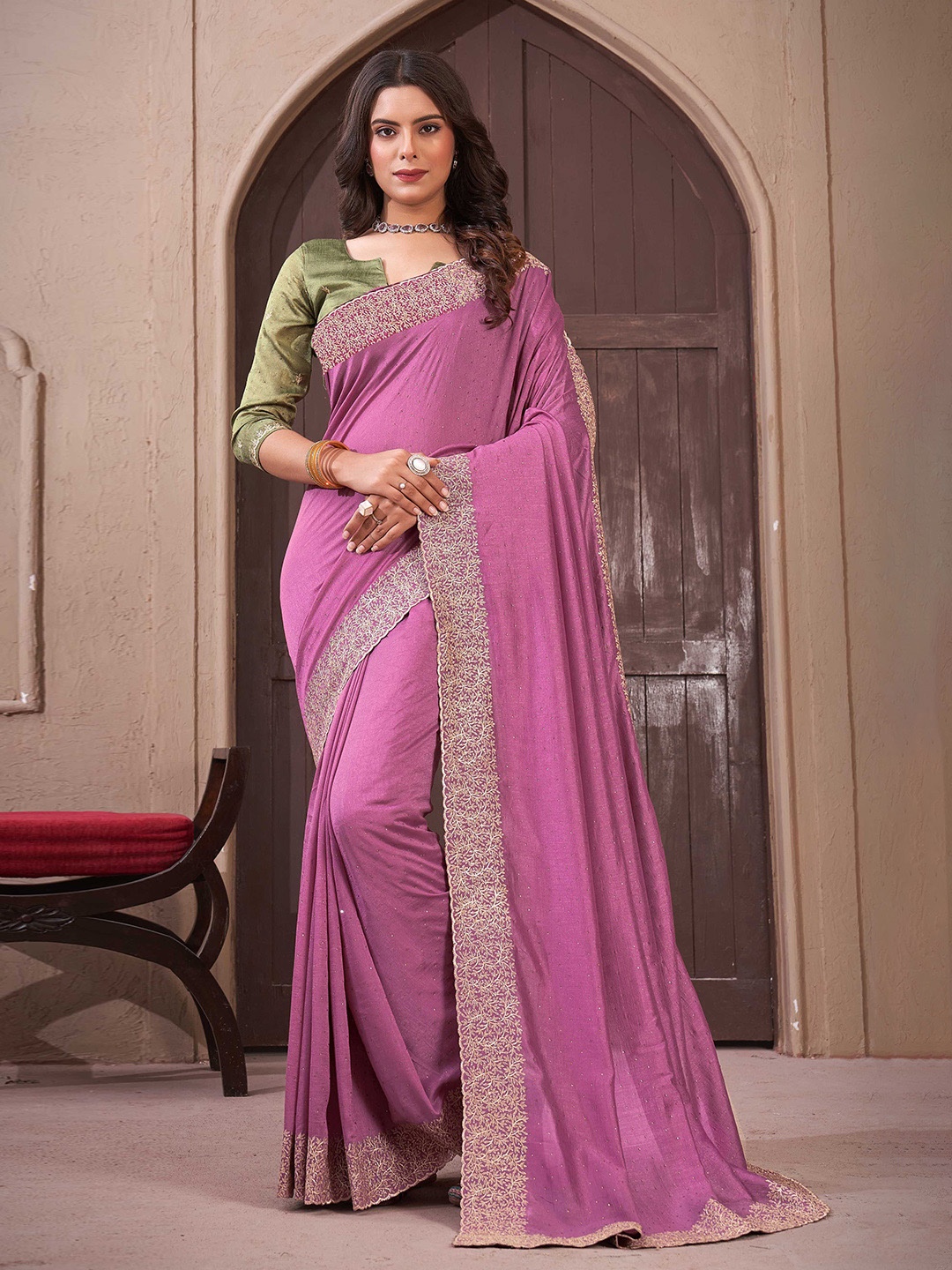 

Mitera Embellished Beads and Stones Silk Blend Saree, Pink