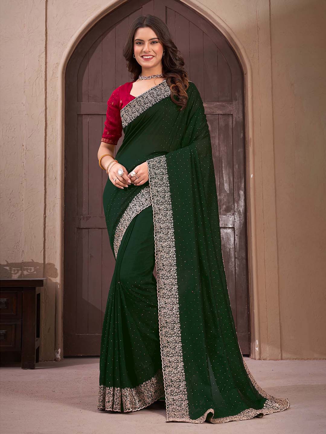 

Mitera Embellished Beads and Stones Silk Blend Saree, Green