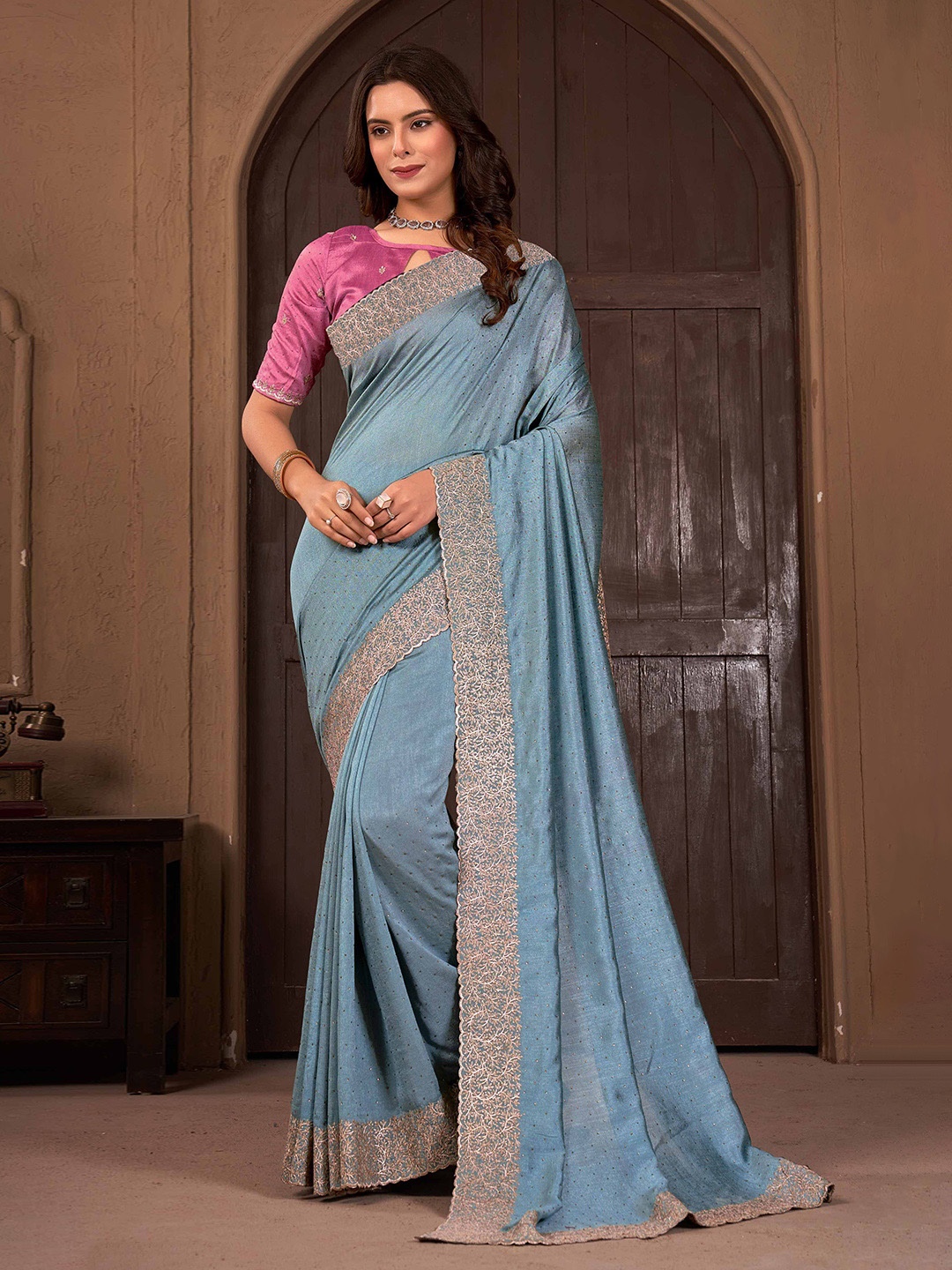 

Mitera Embellished Beads and Stones Saree With Blouse Piece, Blue