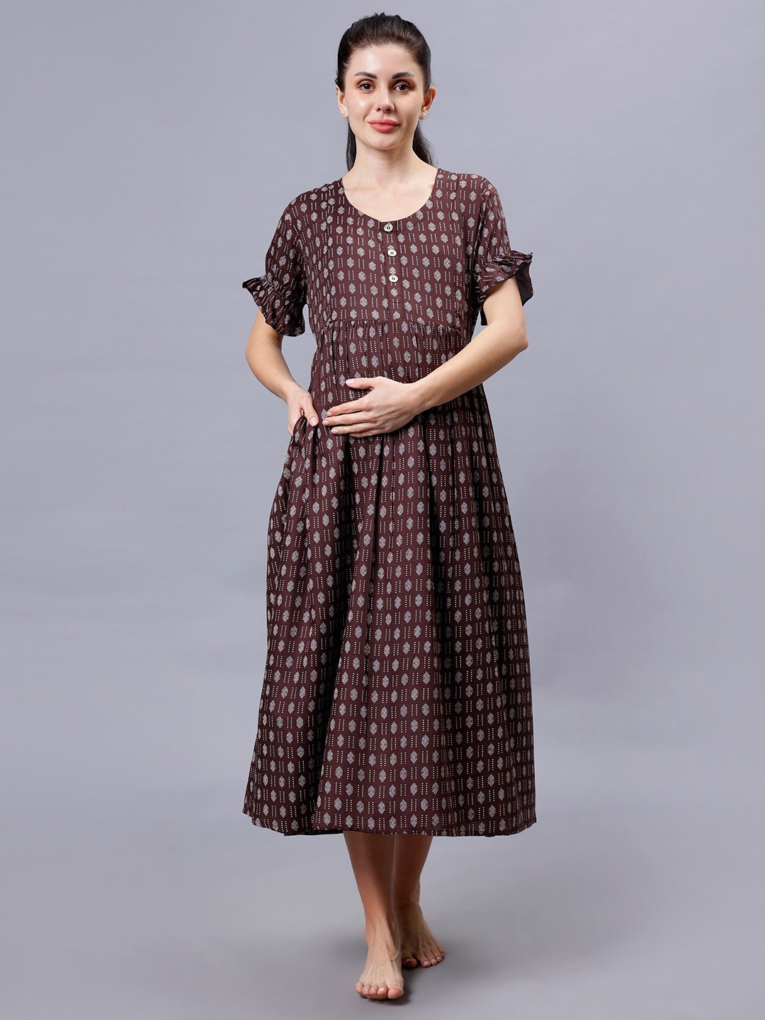 

NIGHTSPREE Geometric Printed Nightdress, Brown