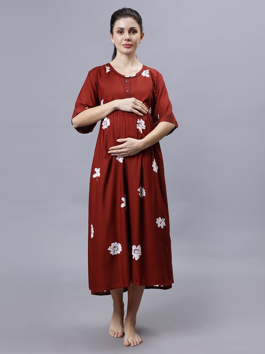 

NIGHTSPREE Floral Printed Nightdress, Red