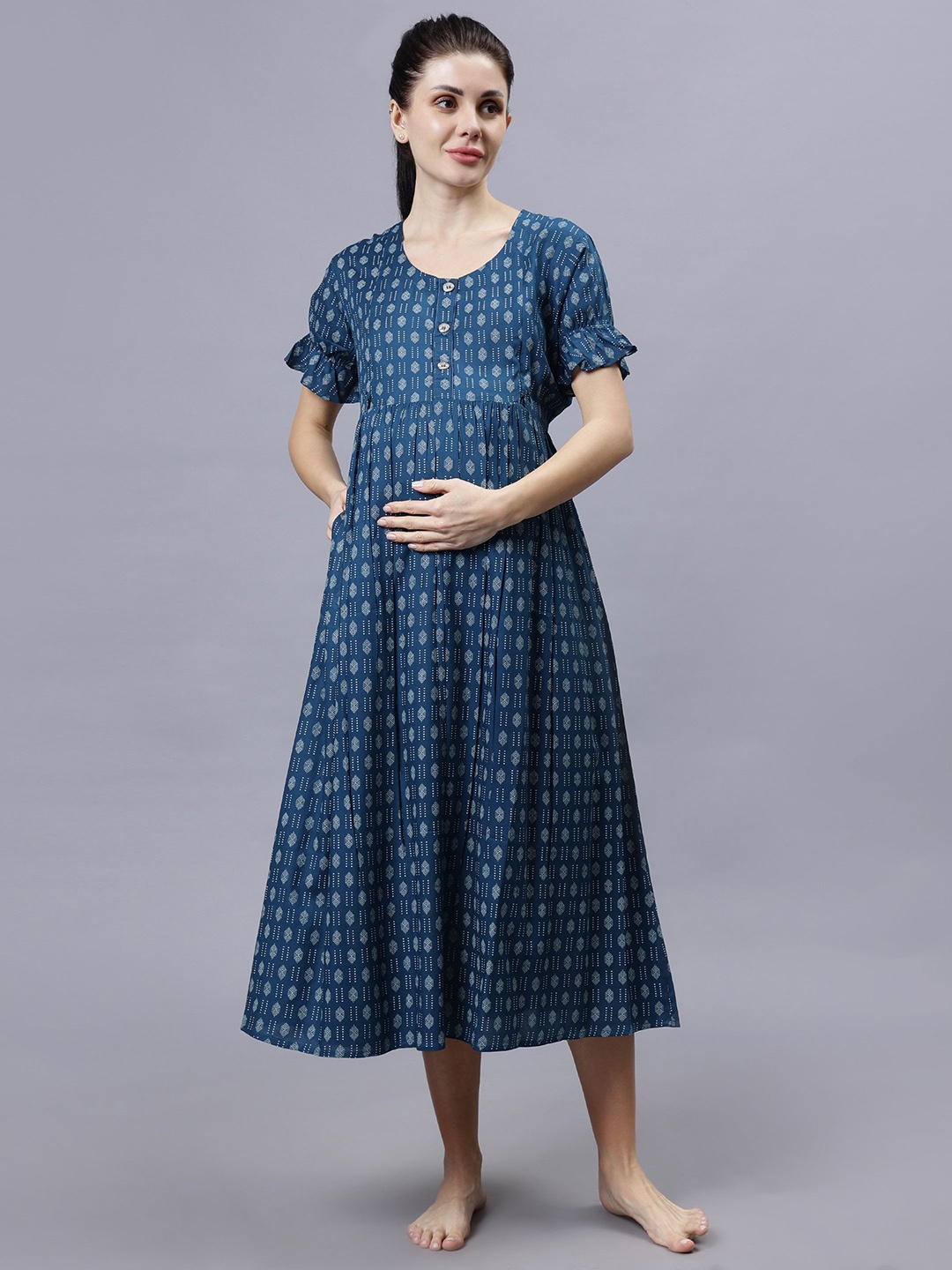 

NIGHTSPREE Geometric Printed Nightdress, Blue