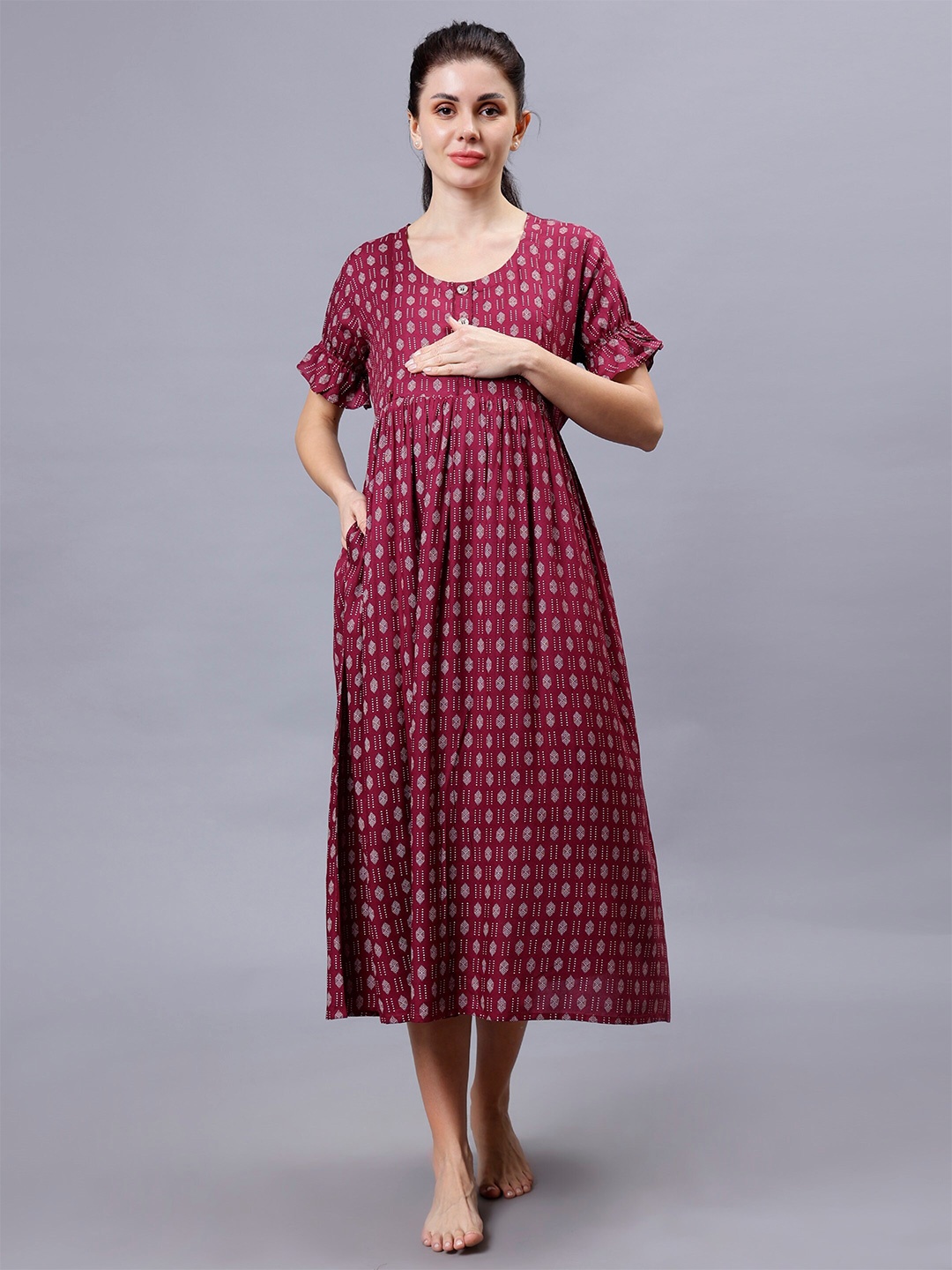 

NIGHTSPREE Printed Nightdress, Maroon