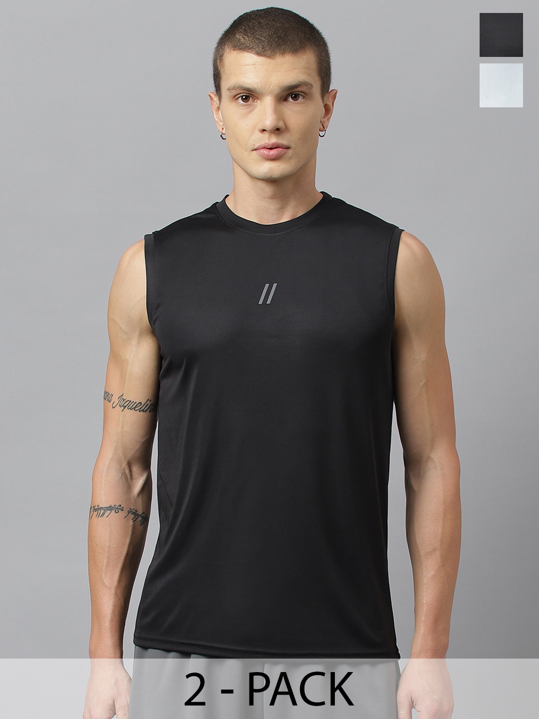 

ATICX Pack Of 2 Slim Fit FlexDRY Sleeveless T-shirts, Black