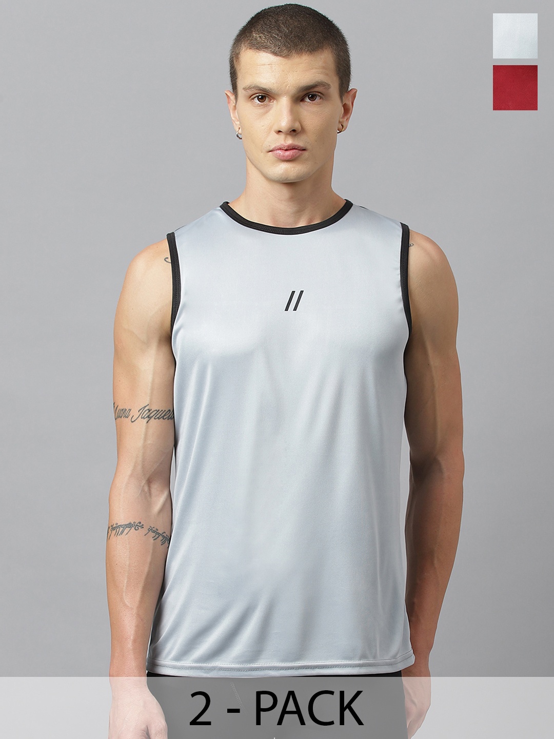 

ATICX Pack Of 2 Slim Fit FlexDRY Sleeveless T-shirts, Grey