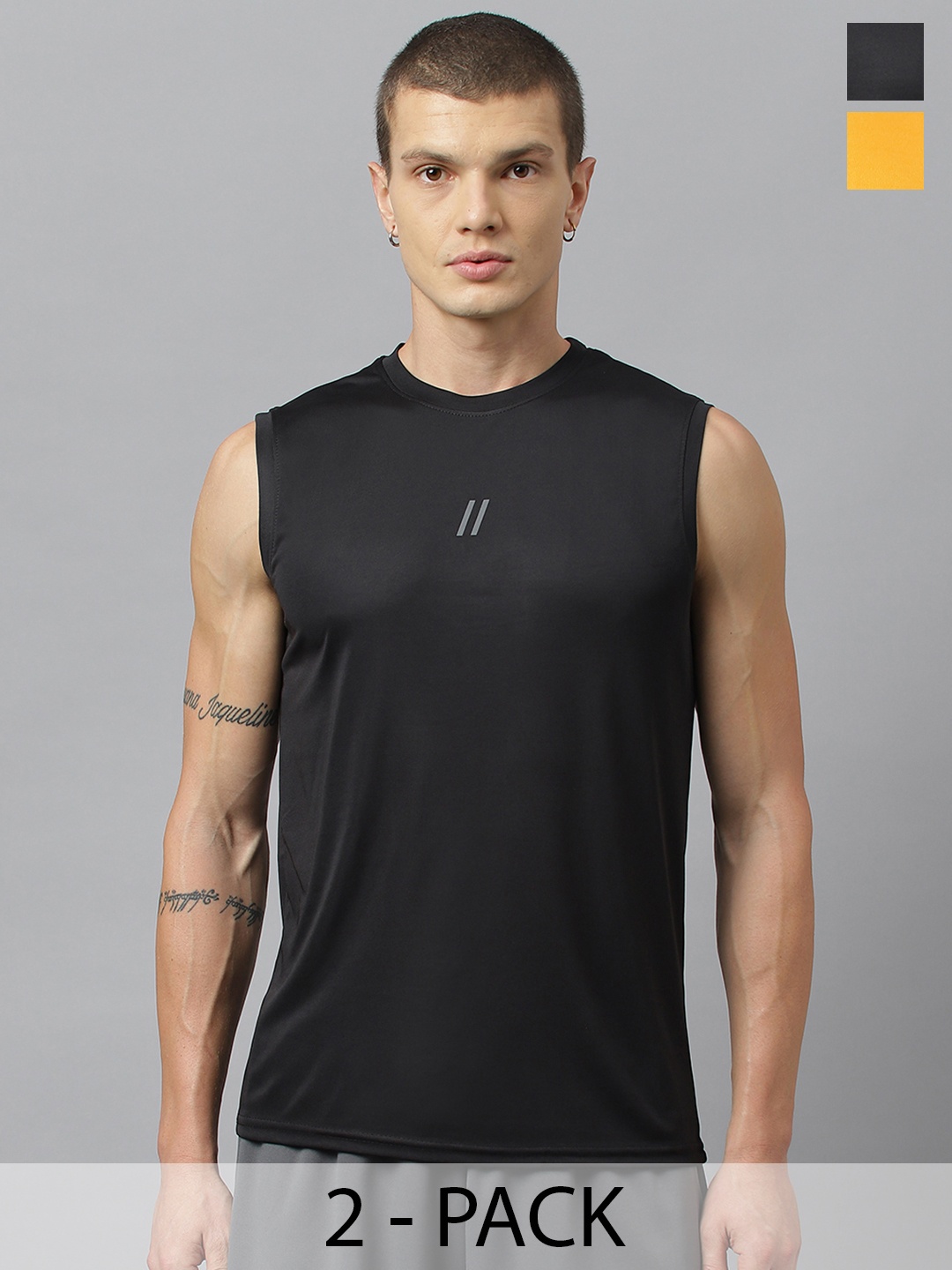 

ATICX Pack Of 2 Slim Fit FlexDRY Sleeveless T-shirts, Black