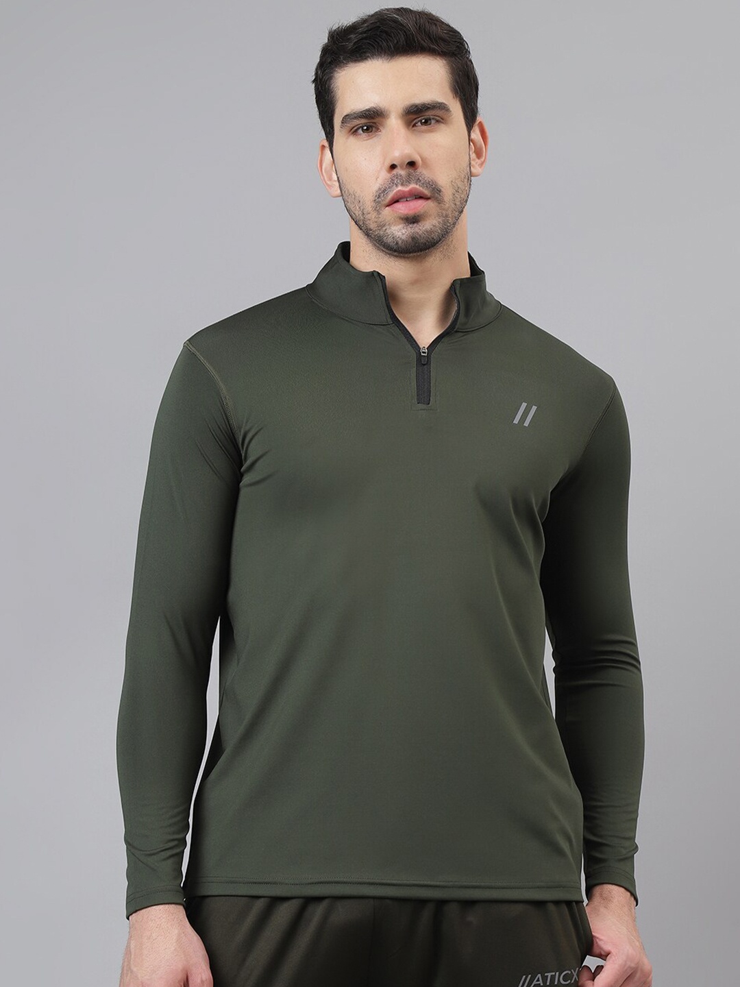 

ATICX Men Mandarin Collar Compression T-shirt, Olive