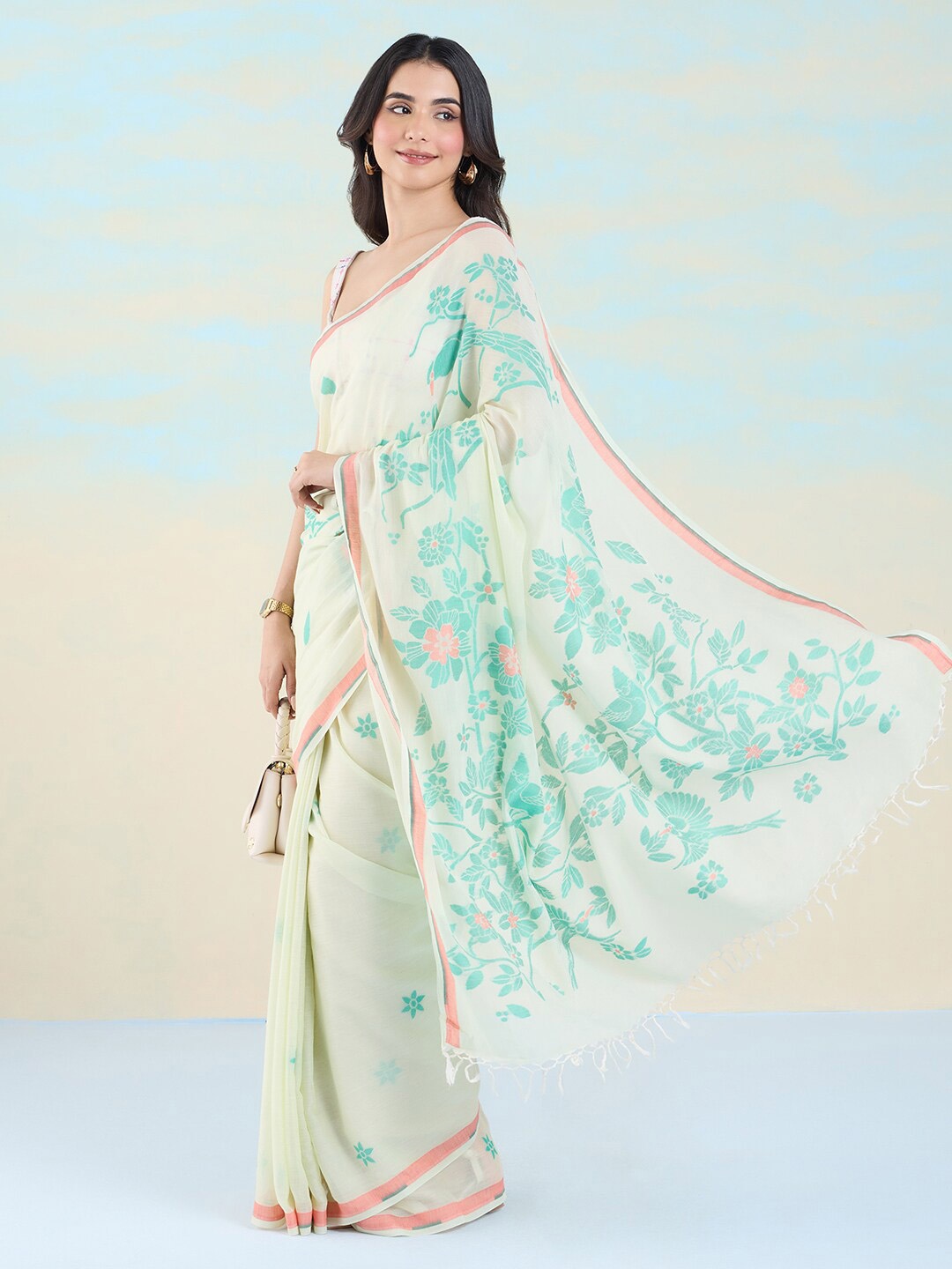 

navyasa by liva Floral Liva Jamdani Saree, Beige