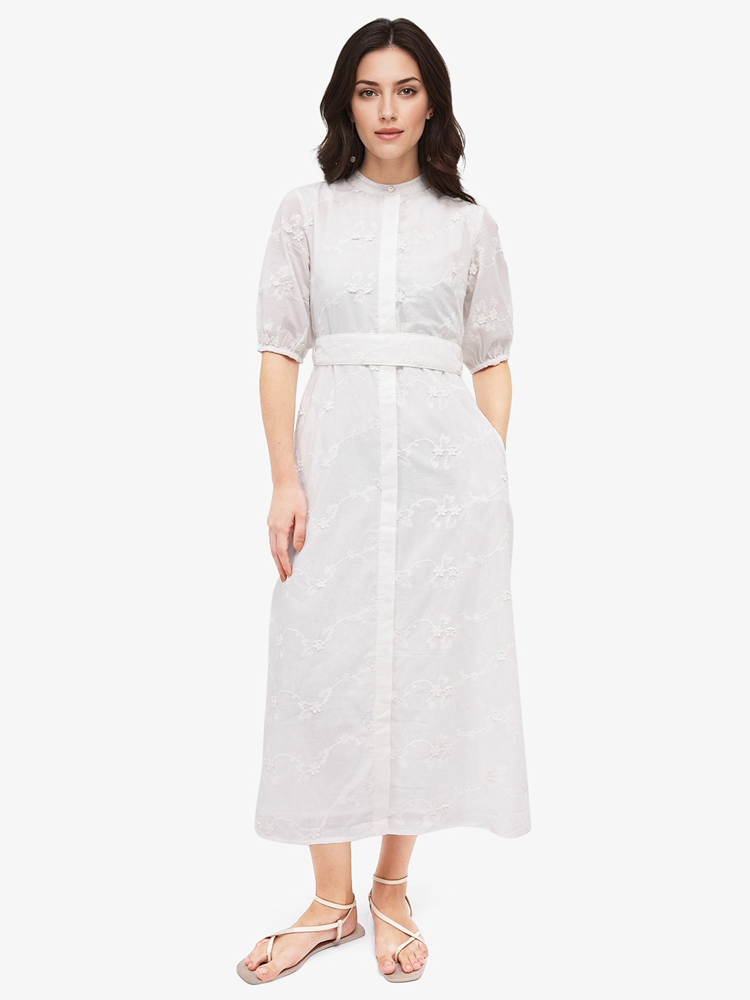 

RAREISM Embroidered Mandarin Collar Maxi Dress, White