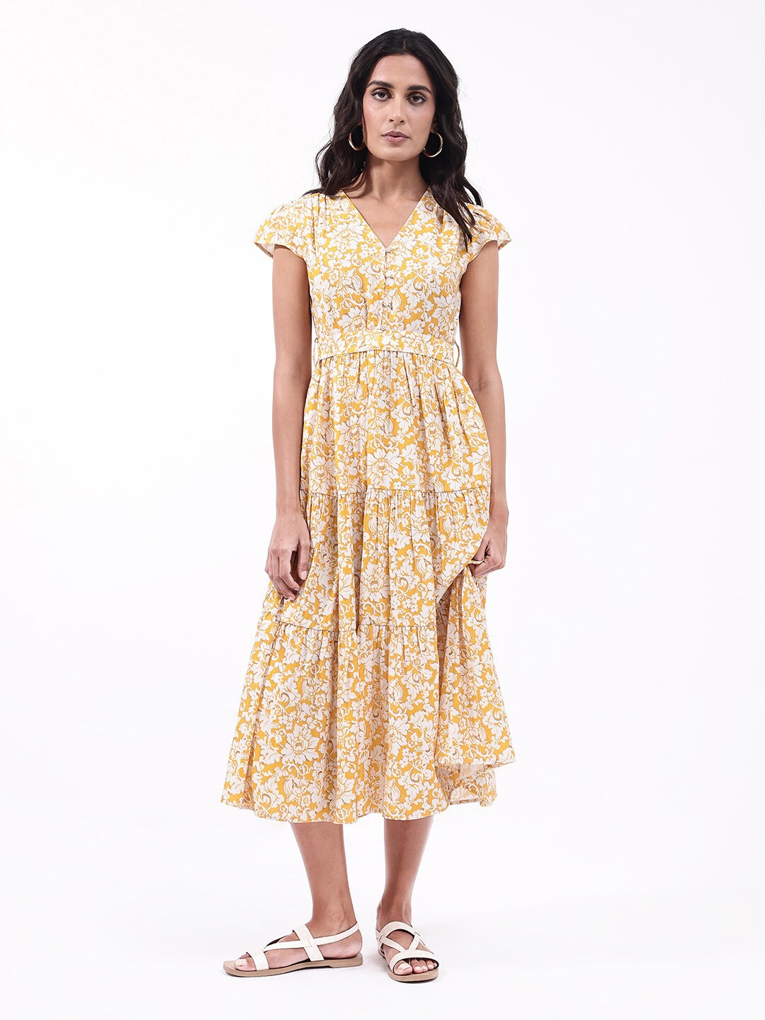 

RAREISM Floral Print A-line Midi Dress, Yellow