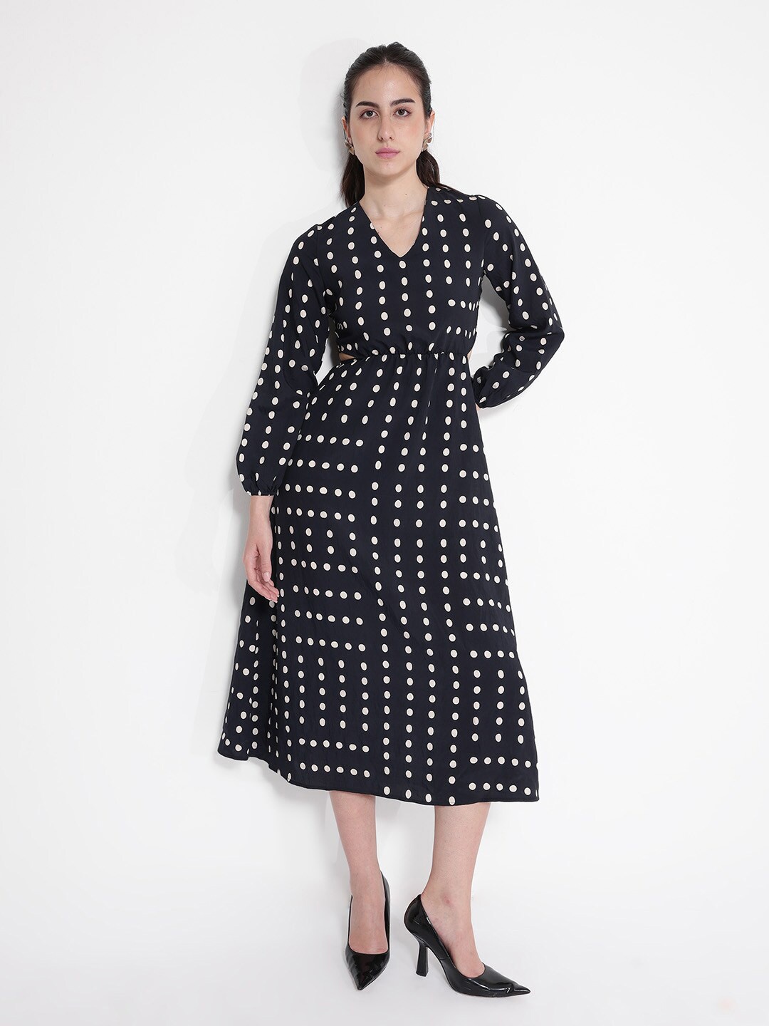 

RAREISM Polka Dots Print Fit & Flare Midi Dress, Black