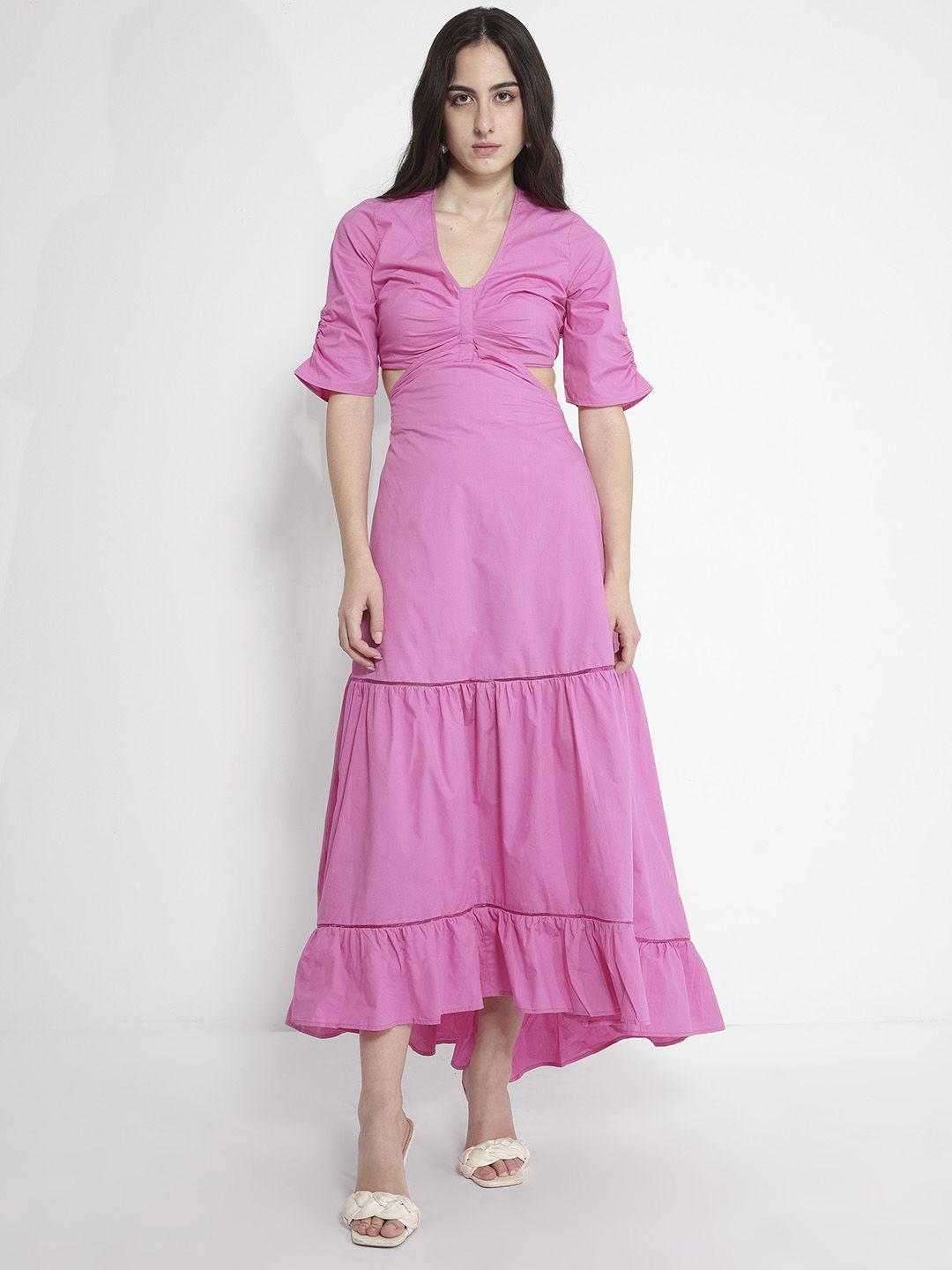 

RAREISM V Neck Ruched Cut Out Tiered Cotton A-line Maxi Dress, Pink