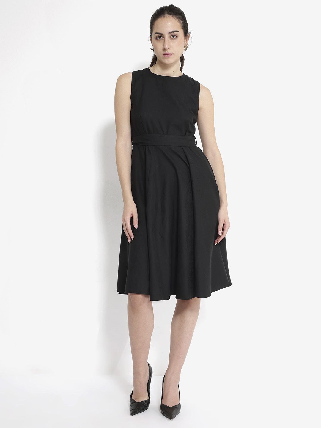 

RAREISM Sleeveless Belted Cotton Fit & Flare Dress, Black