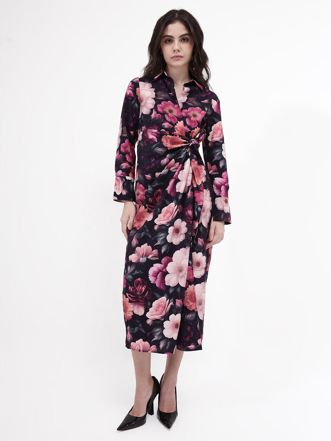 

RAREISM Floral Print Wrap Midi Dress, Black
