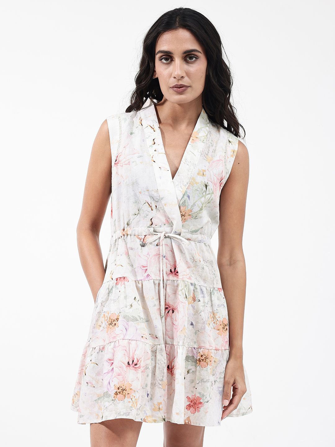 

RAREISM Floral Printed V Neck Tie Up Cotton Fit & Flare Dress, White