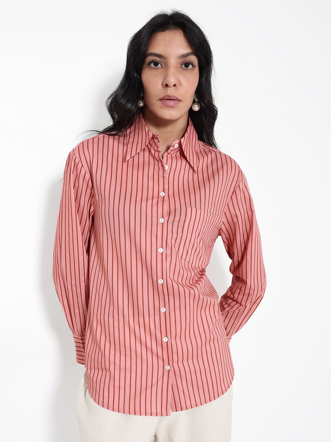RAREISM Women Comfort Opaque Striped Formal Shirt, Pink