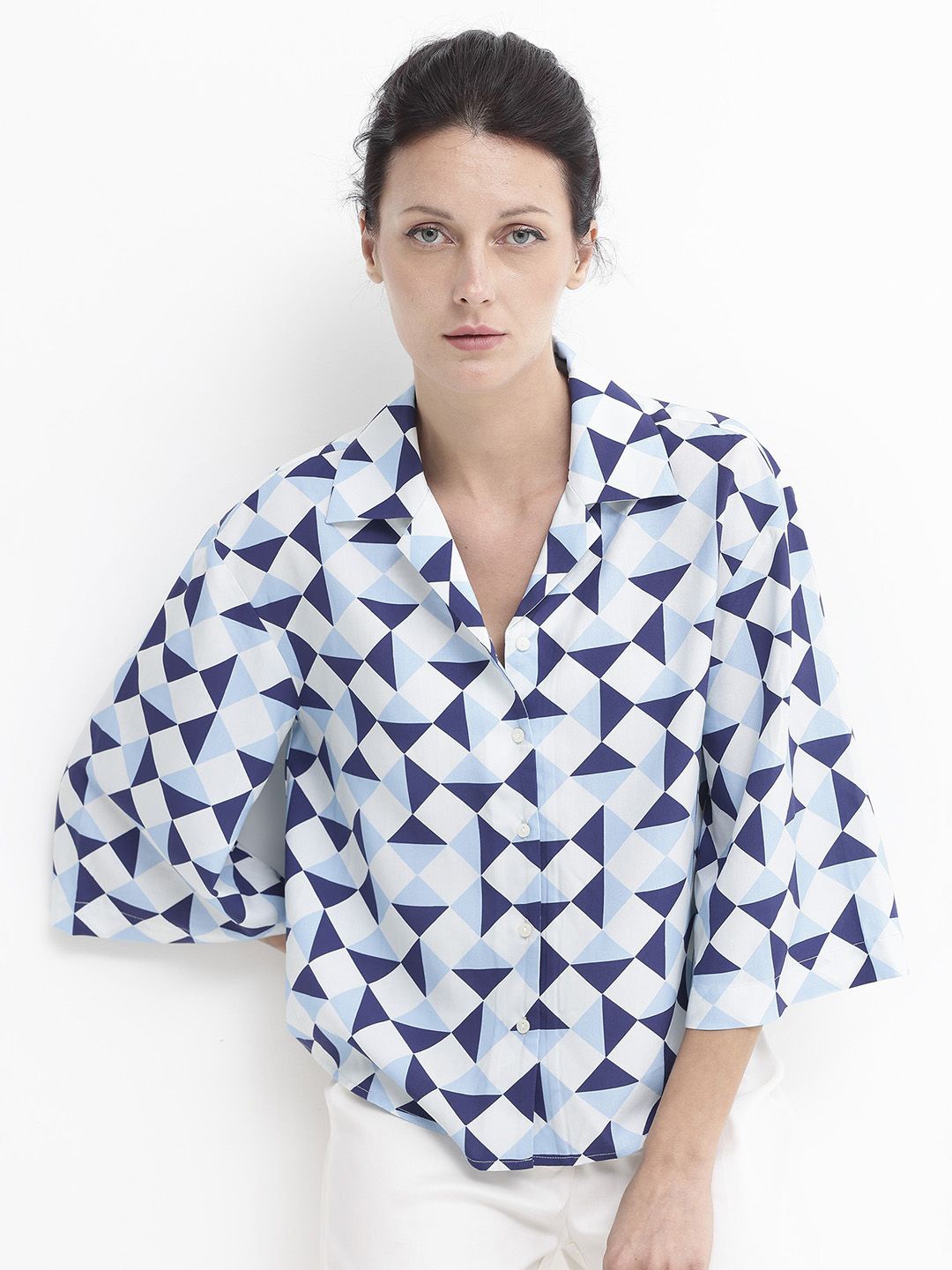RAREISM Comfort Geometric Printed Cuban Collar Cotton Casual Shirt, Blue