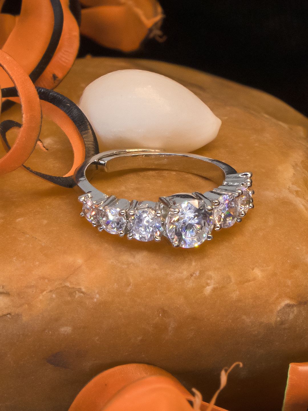 

Manikya Rhodium-Plated CZ-Studded Adjustable Finger Ring, Silver