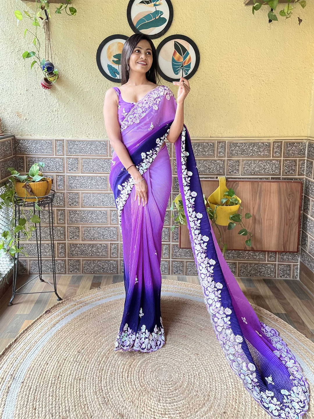 

Mitera Embellished Crush Pattern Sequinned Saree, Lavender