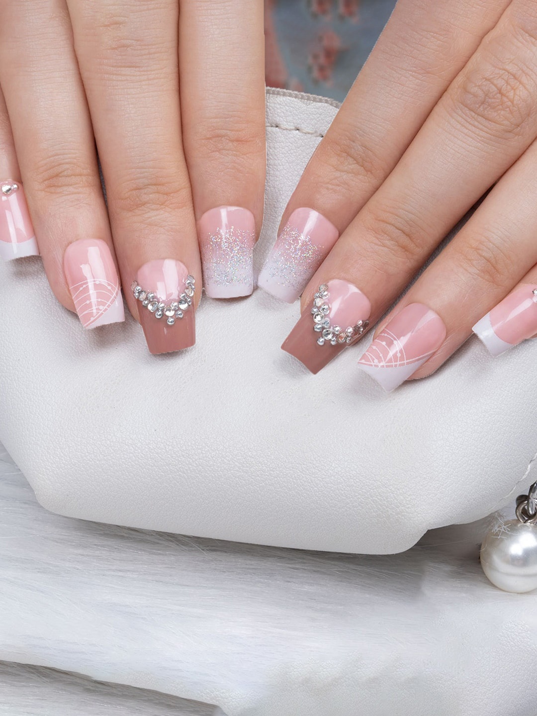 

Secret Lives Set Of 24 Tips With Glitter & 3D Stone Press On Nails - Pink White & Brown