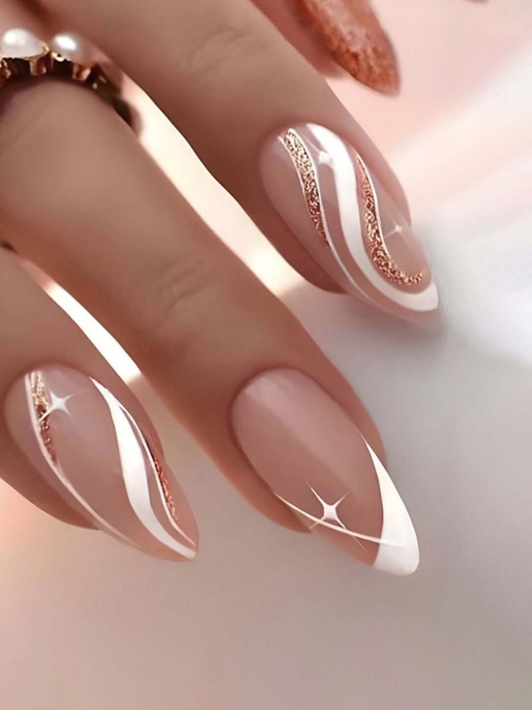 

Secret Lives Set Of 24 Glossy Glitter With Strips & Tips Design Press On Nails - Nude