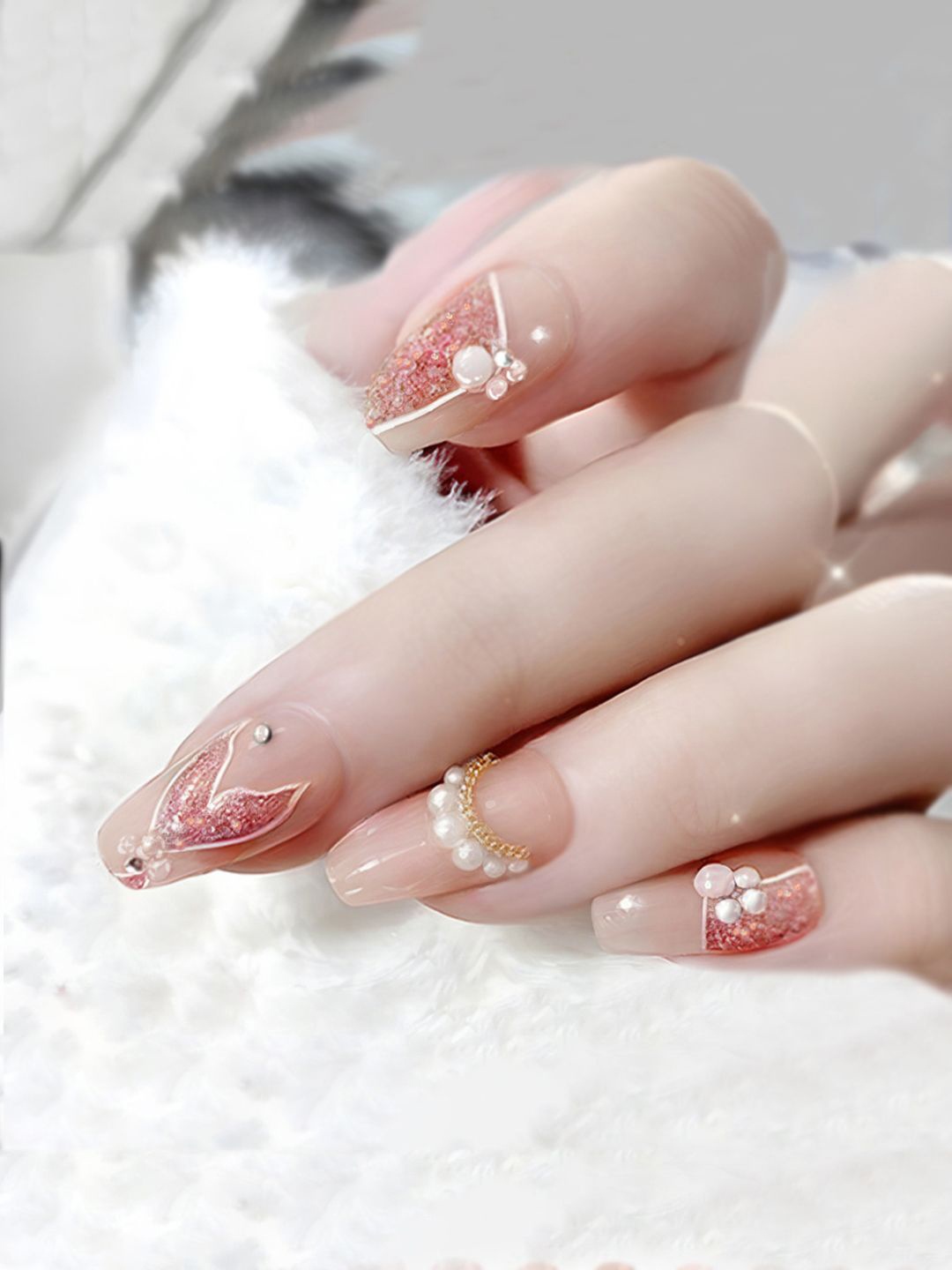 

Secret Lives Set Of 24 3D Pearls & Glitter Butterfly Press On Nails - Nude