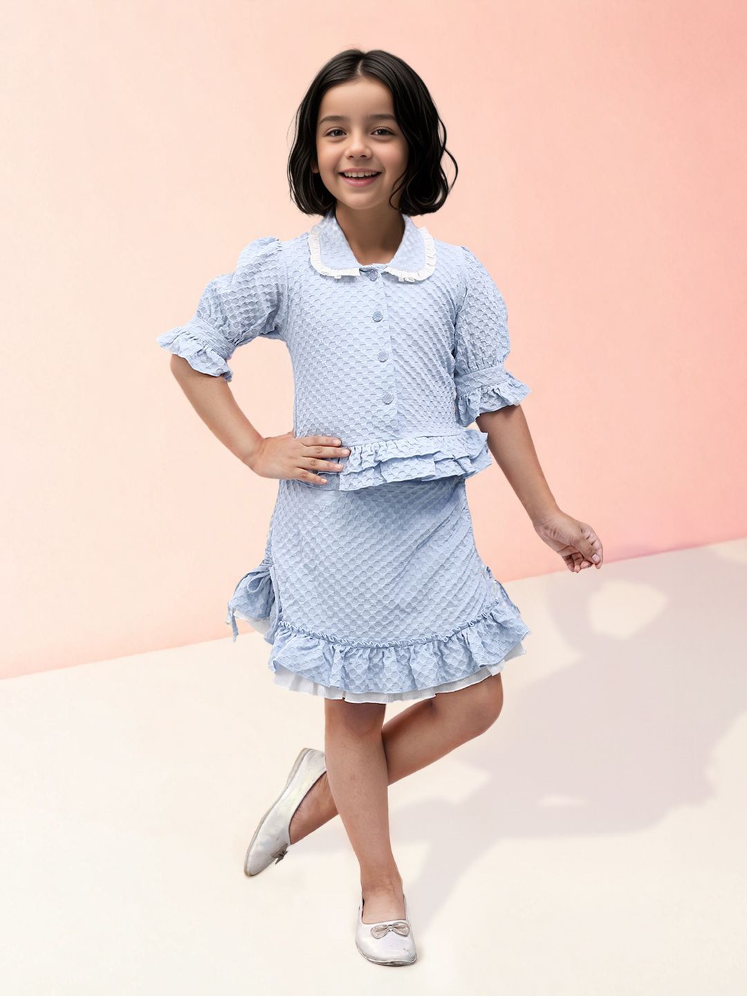 

Toonyport Girls Self Design Pure Cotton Shirt With Skirt, Blue