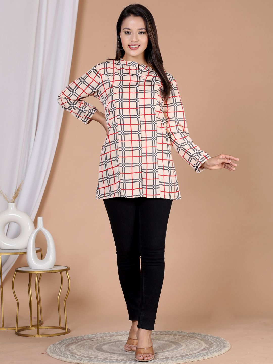 

HERE&NOW Women Comfort Tartan Checks Opaque Checked Casual Shirt, Beige