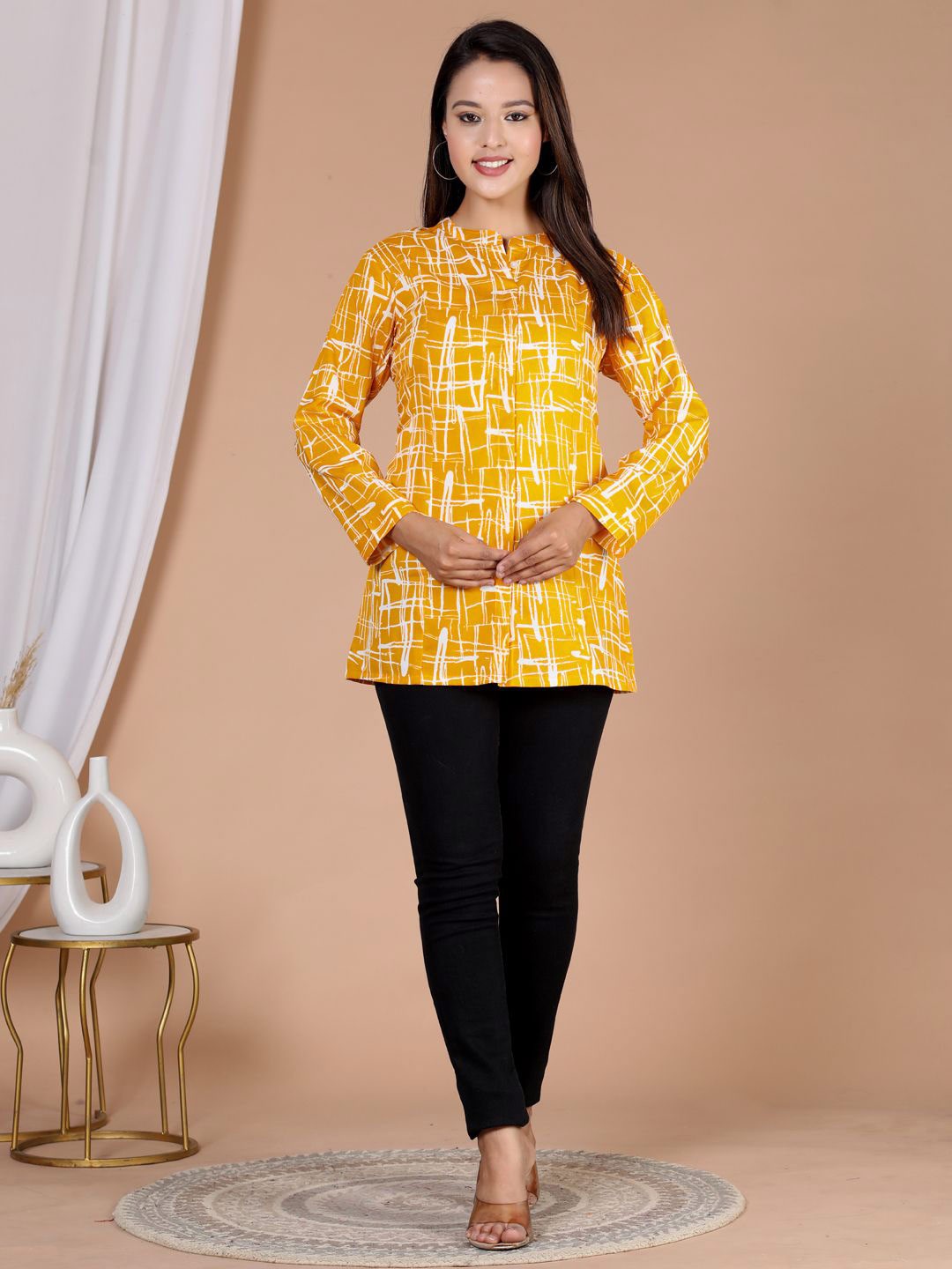 

HERE&NOW Comfort Abstract Printed Mandarin Collar Casual Shirt, Yellow