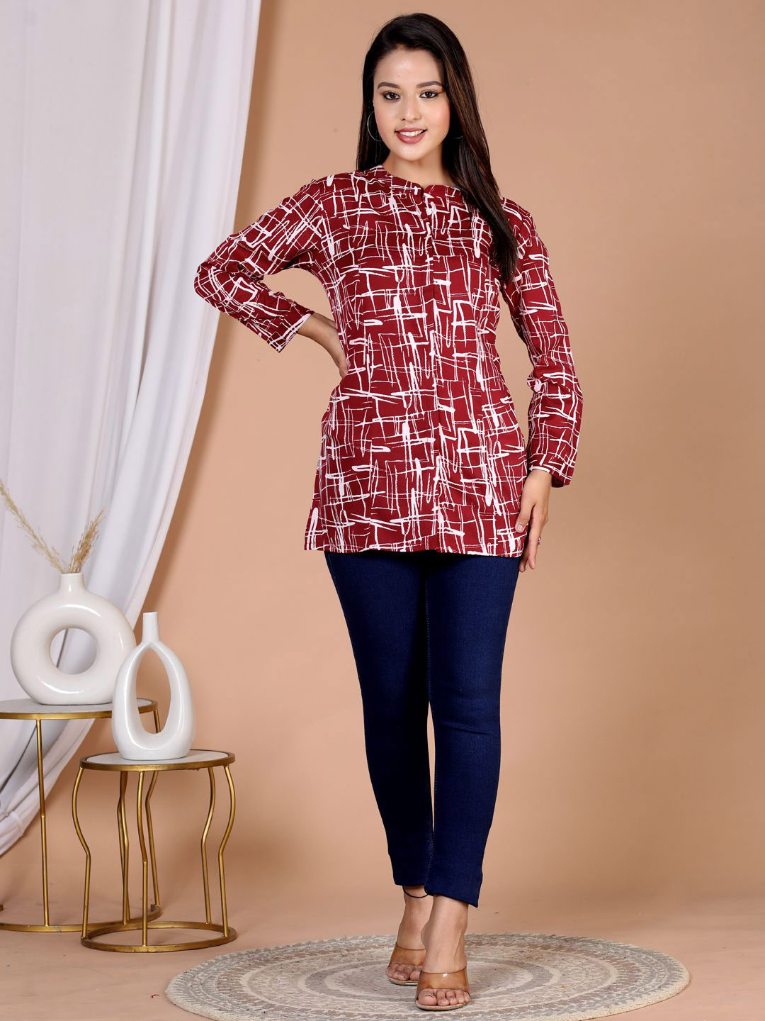 

HERE&NOW Comfort Abstract Printed Mandarin Collar Casual Shirt, Maroon