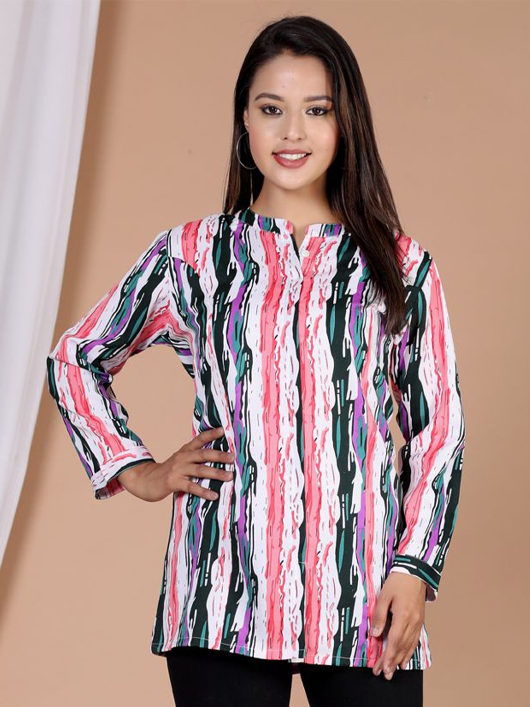 

HERE&NOW Comfort Silk Striped Mandarin Collar Casual Shirt, White